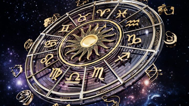 Círculo com os 12 signos do zodíaco em um céu estrelado