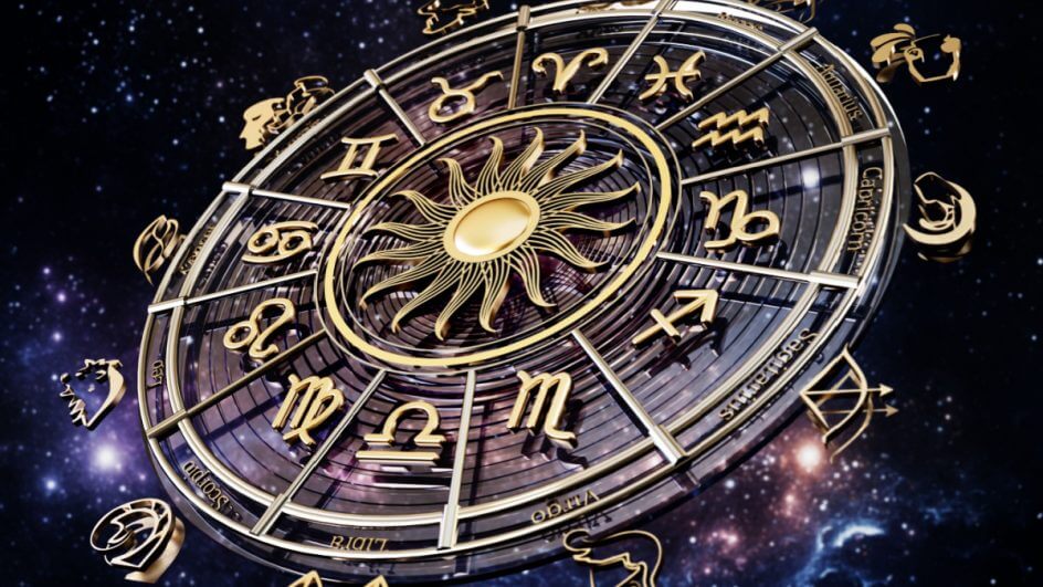Círculo com os 12 signos do zodíaco em um céu estrelado