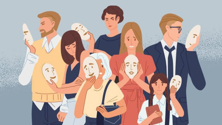 Ilustração de grupo de pessoas cobrindo o rosto com máscaras expressando emoções positivas. Conceito de esconder personalidade ou individualidade