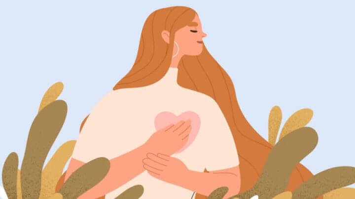 Ilustração de mulher ruiva com a mão no coração