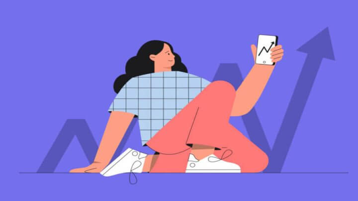 Ilustração de mulher com celular indicando investimento financeiro
