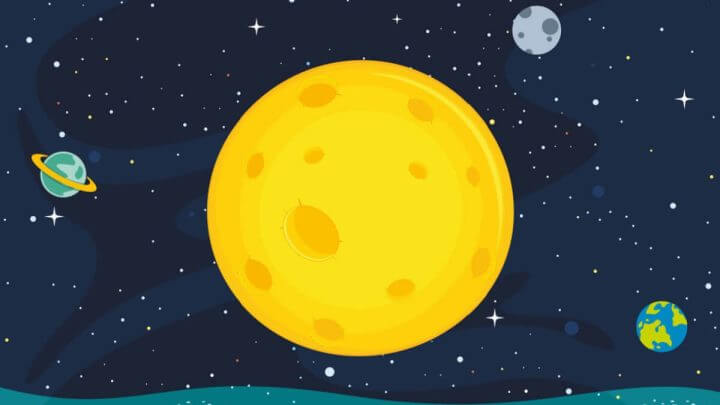 Ilustração de uma Lua amarela com o Universo e planetas ao fundo