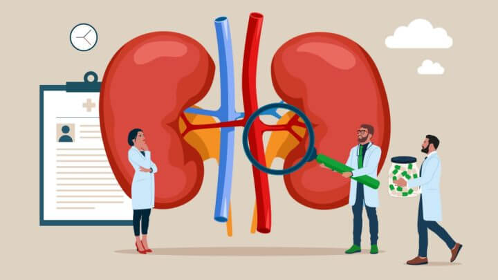 Ilustração de três médicos examinando rins gigantes