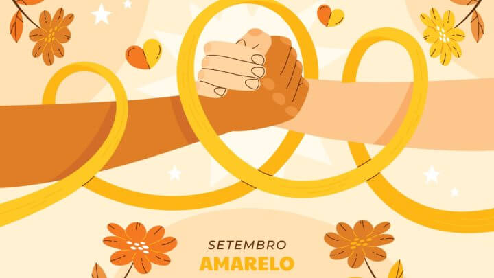 Ilustração de mãos dadas em fundo amarelo. Símbolo do setembro amarelo.