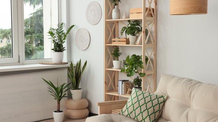 Sala de estar com sofá bege, almofada verde e branca e plantas espalhadas pelo ambiente