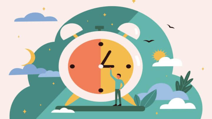 Ilustração de um homem atrás de um relógio redondo acertando a hora.