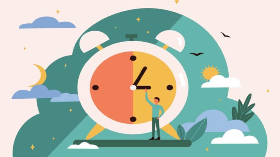Ilustração de um homem atrás de um relógio redondo acertando a hora.