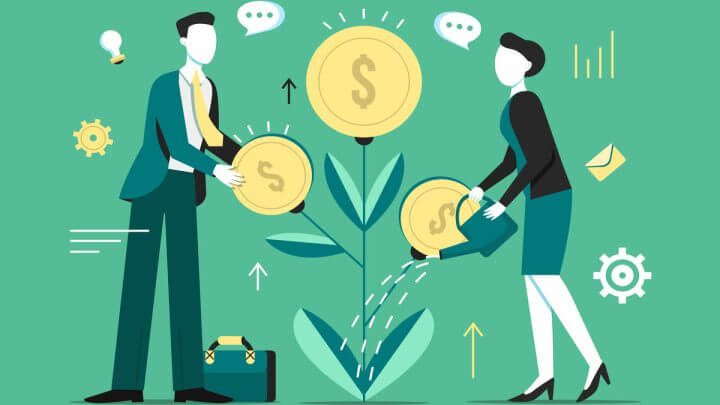 Ilustração de dois bonecos regando uma planta com dinheiro