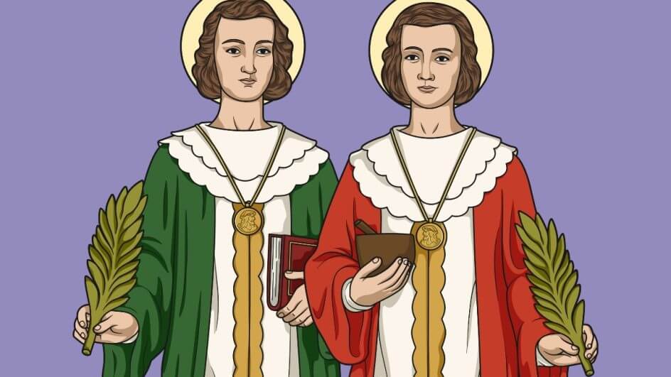 Ilustração de São Cosme e Damião em um fundo roxo