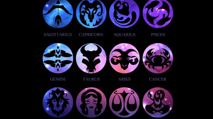 Ilustração dos doze signos do zodiaco em um fundo preto