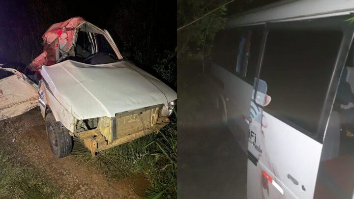 Carro e micro-ônibus envolvidos no acidente