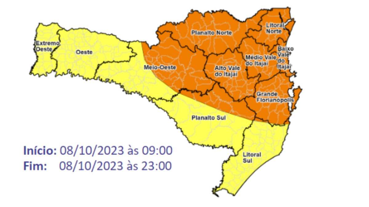 Risco ALTO nas áreas em laranja e MODERADO nas áreas em amarelo
