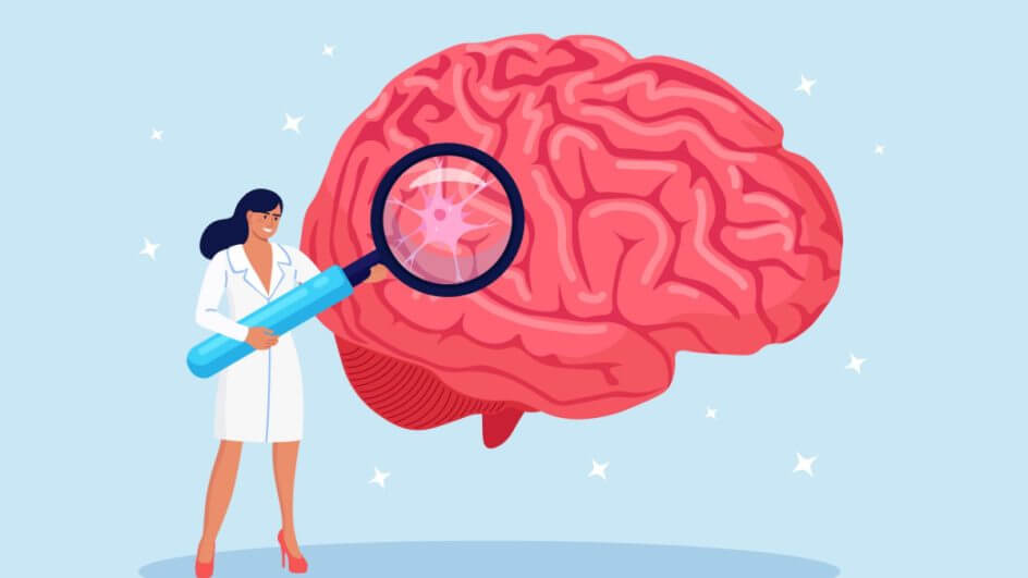 Ilustração de um cérebro sendo analisado por uma médica