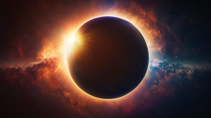 Imagem de um eclipse, em que um planeta cobre o sol
