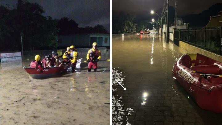 Bombeiros usam botes infláveis para resgatar pessoas em Tubarão