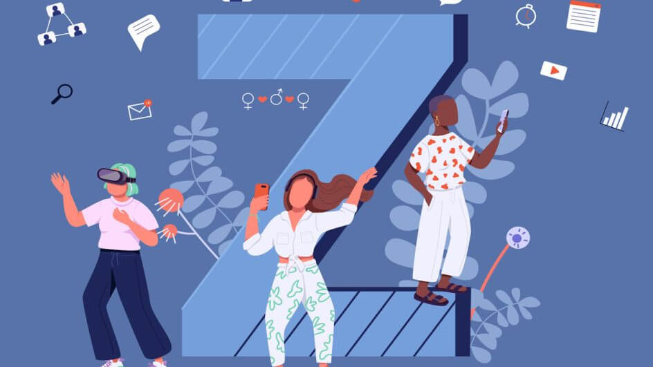 Ilustração da letra Z com bonecos com aparelhos eletrônicos ao redor
