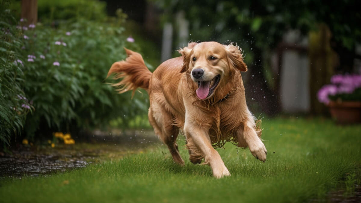 Golden retriever correndo na grama