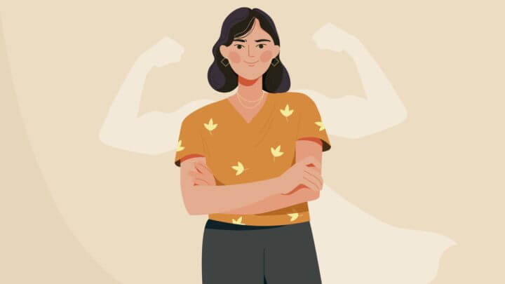 Conceito de mulher autoconfiante, com sombra mostrando músculos e capa de super-heroína
