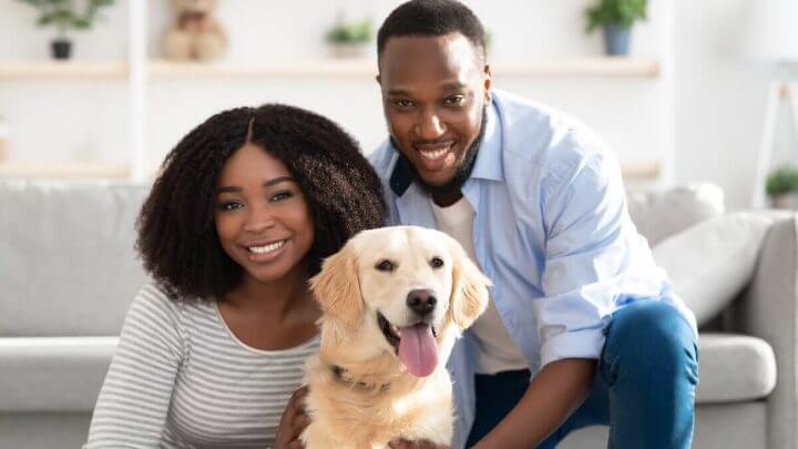 Mulher e homem abraçando um cachorro da raça golden retriever
