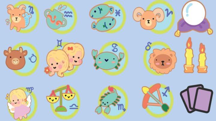 Ilustração com círculos com os símbolos dos 12 signos