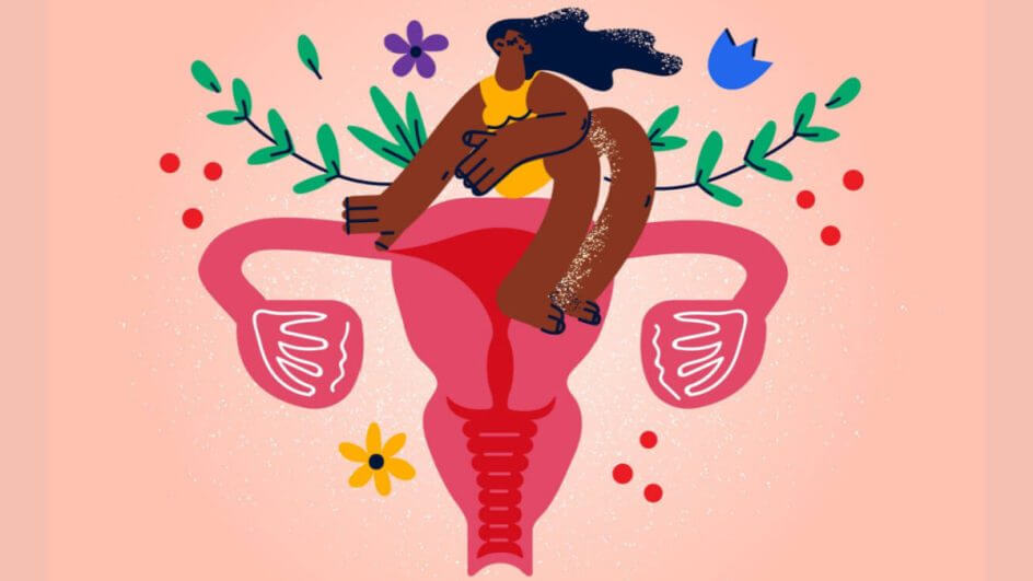 Ilustração colorida de útero com mulher em cima e flores