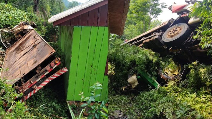 Casa escapa por um triz de ser atingida por caminhão em acidente na SC-482 em Quilombo