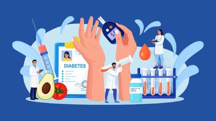 Médicos testando glicose no sangue, usando glicosímetro para diagnóstico de hipoglicemia ou hiperglicemia; Médico medindo o nível de açúcar no sangue do paciente