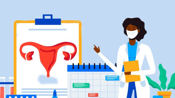 Ilustração de uma médica apontando para um suporte de fichas com imagens de um útero