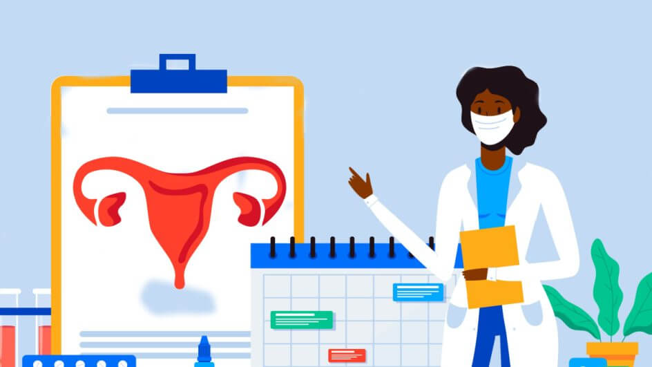 Ilustração de uma médica apontando para um suporte de fichas com imagens de um útero
