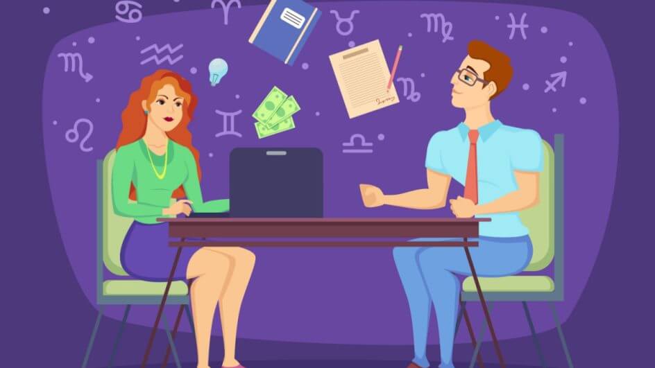 Ilustração de um homem em uma entrevista de emprego com uma mulher