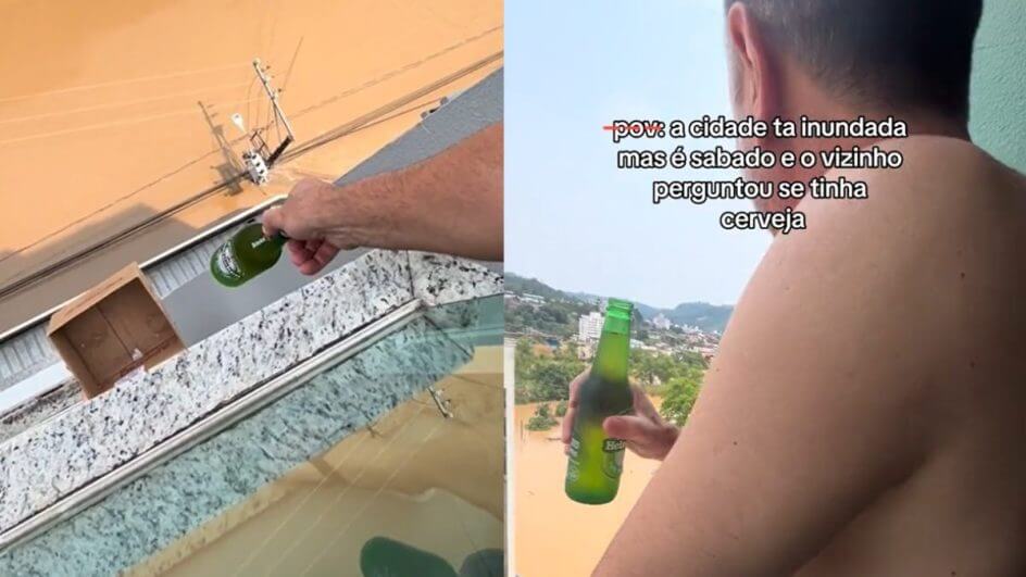 Vizinhos se divertem em meio a enchente