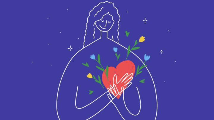 Ilustração de menina abraçando o próprio coração vermelho e com flores