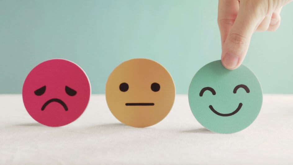 Emoji vermelho triste, amarelo apático e verde feliz