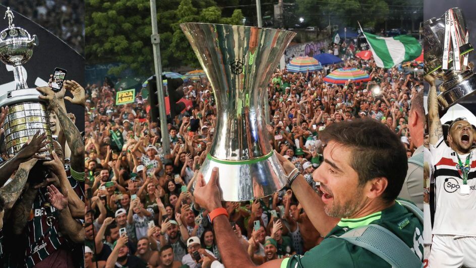 Fluminense, Palmeiras e São Paulo dividiram as taças no futebol brasileiro em 2023 (Foto: divulgação/ Fluminense FC, SE Palmeiras, SPFC)