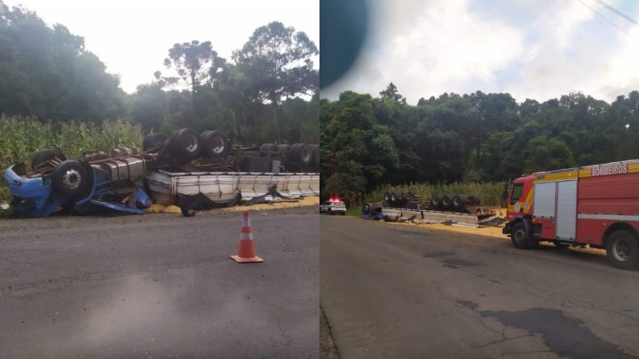 Caminhão sai da pista, tomba e atropela duas pessoas no Oeste de SC