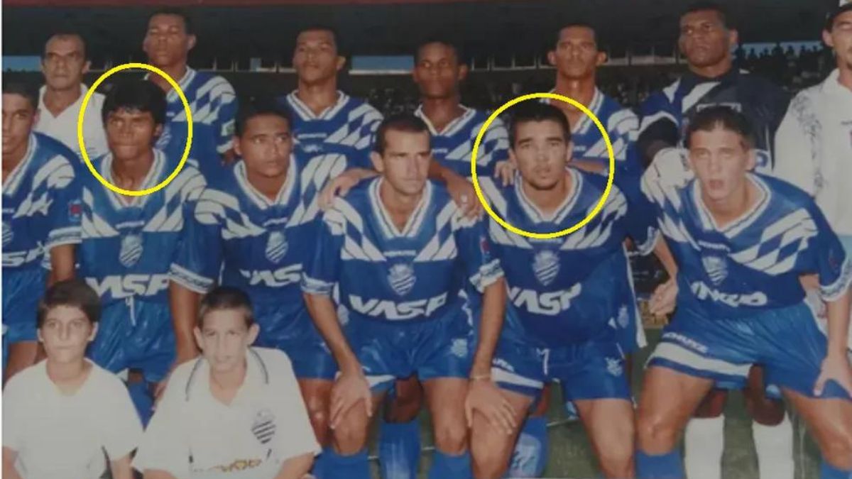 Adriano Gabiru e Deco foram campeões alagoanos em 1997, pelo CSA — Foto: Arquivo Museu dos Esportes