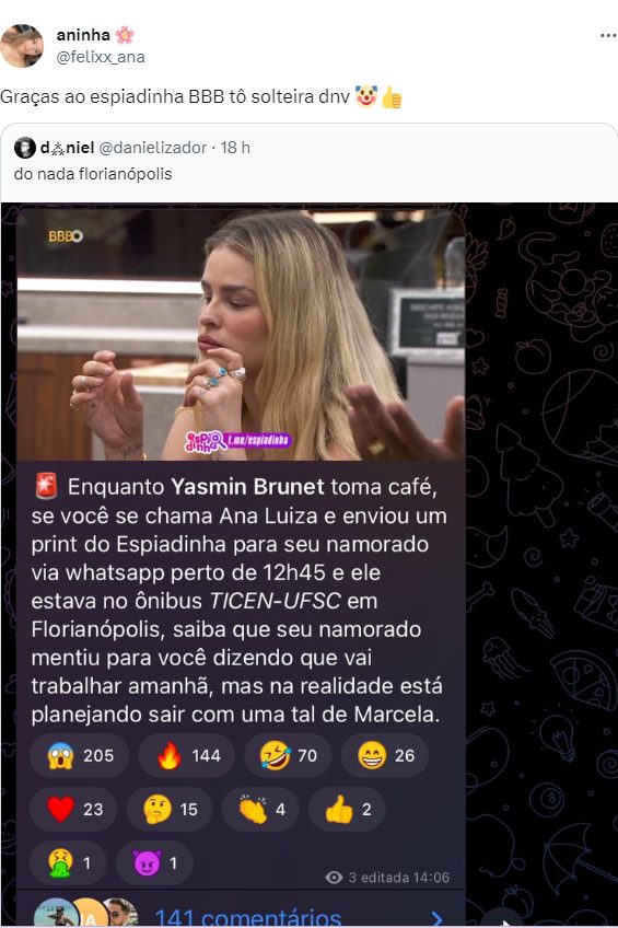 Menina descobre traição através do BBB 24