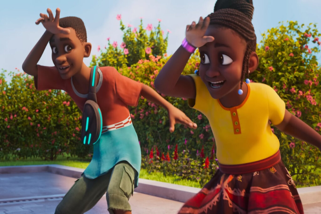 “Iwájú” explora a vida de Tola e Kole em uma Lagos futurista, revelando segredos e perigos em seus mundos contrastantes (Imagem: Reprodução digital | Disney+)