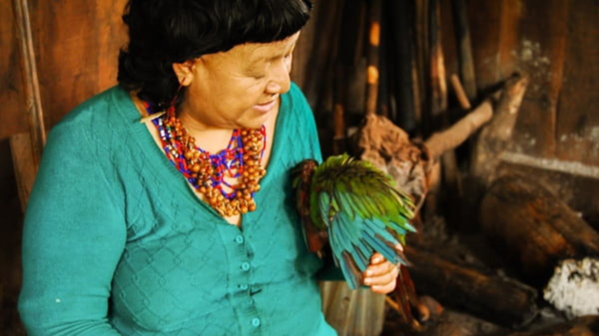 Aiga com um pássaro da comunidade (Foto: Luciana Keller, Divulgação)