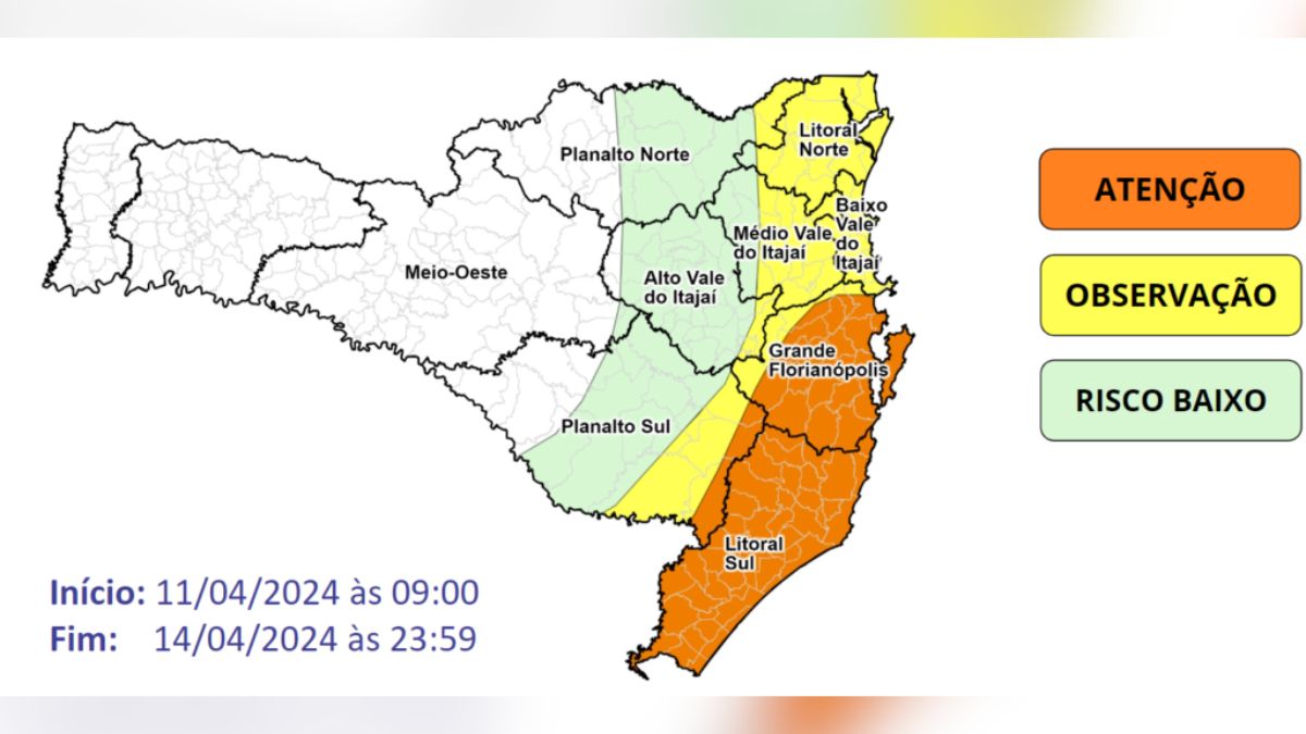Mapa mostra regiões em alerta de chuva