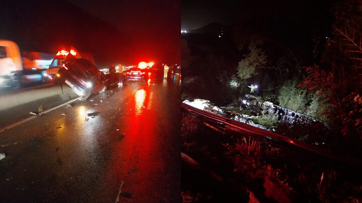 Caminhão cai em ribanceira após engavetamento na BR-101, no Morro dos Cavalos,