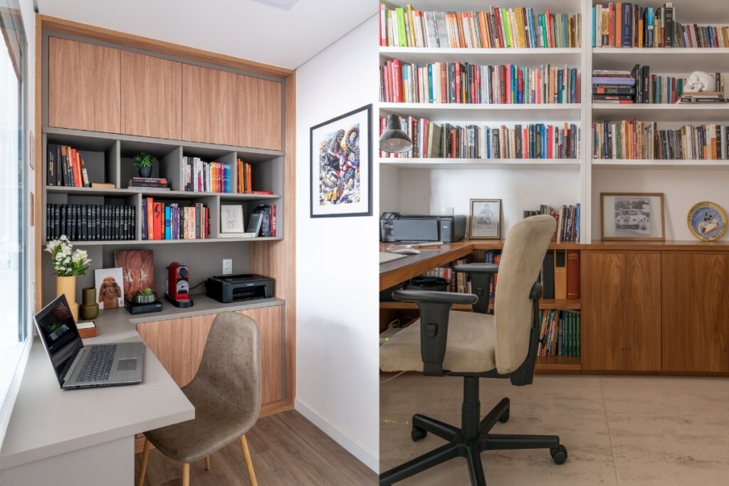 &Eacute; poss&iacute;vel harmonizar os livros com outros itens decorativos nos ambientes (Projeto: Escrit&oacute;rio Isabella Nalon | Imagem: Julia Herman)