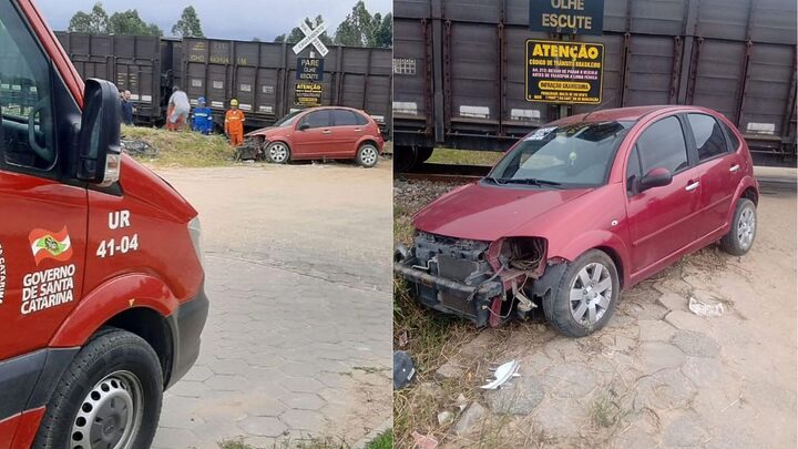 Carro sofre pane e é atingido por trem em Jaguaruna (Foto: Bombeiros Voluntários de Jaguaruna, Reprodução)