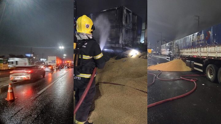 Incêndio em caminhão com cevada mobiliza bombeiros e fecha parte da BR-101 em SC