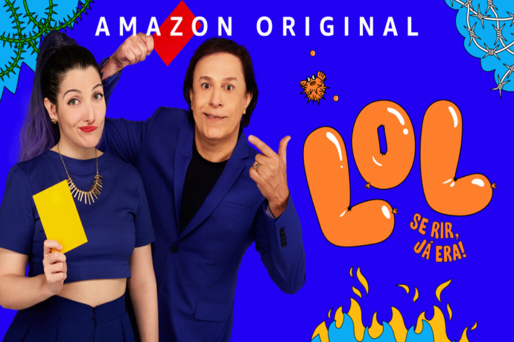 Imagem com Clarice Falcão e Tom Cavalcante em fundo azul com desenhos