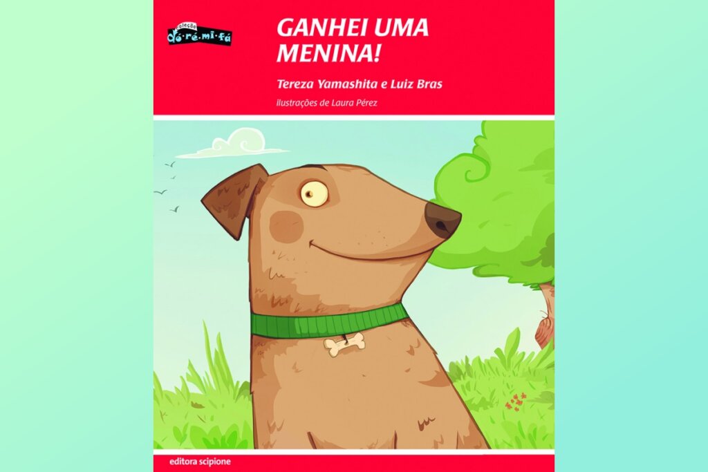 “Ganhei Uma Menina!” mostra a história de um cachorro que ganha uma irmãzinha adotada (Imagem: Reprodução digital | Editora Scipione)