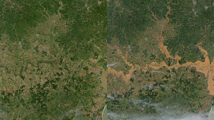 Imagens aéreas mostram antes e depois das cheias em Porto Alegre