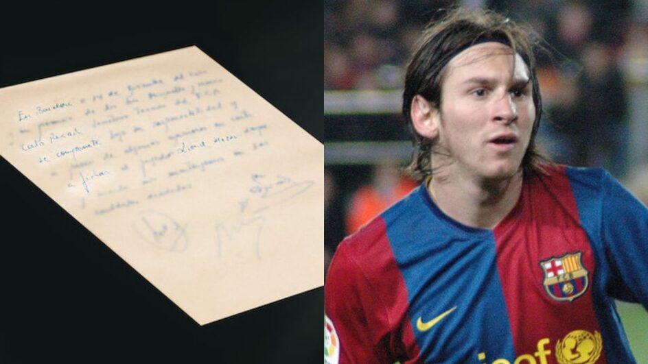 Messi e o primeiro contrato (Foto: Bonhams, Reprodução I Darz Mol, Wikimedia Commons, Reprodução)