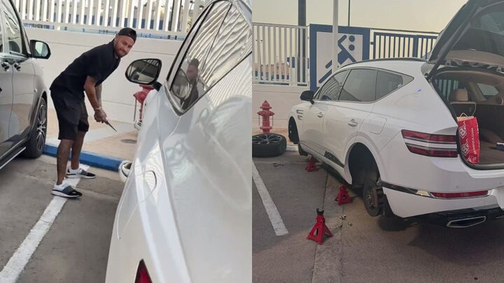 Neymar fura pneu do carro de Renan Lodi (Foto: @neymarjr, Instagram, Reprodução)