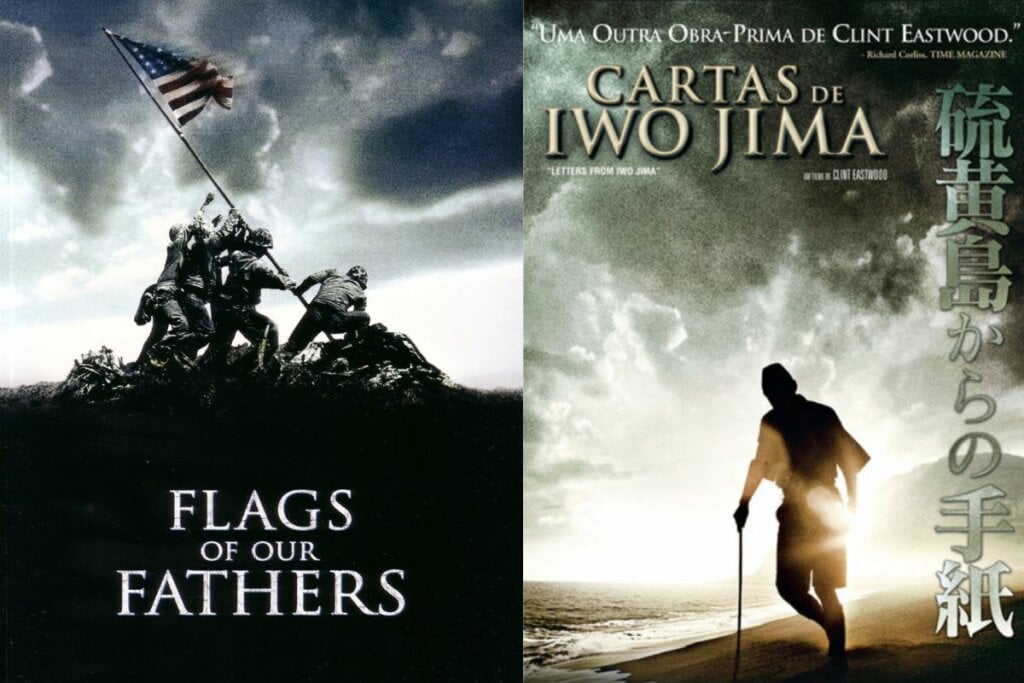 “Cartas de Iwo Jima” e “A Conquista da Honra” retratam visões distintas do mesmo episódio histórico, a Batalha da Ilha de Iwo Jima na Segunda Guerra Mundial (Imagem: Reprodução digital | Warner Bros. Pictures e Paramount Pictures)